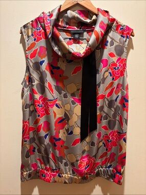 Apostrophe Sleeveless Floral Scarf-Neck Blouse - Gray, Pink, Red, Blue